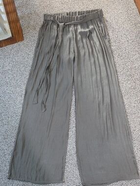 Olive Khaki Palazzo Haram Drapey Silky Pull On Flowy Pants Neutral M-31"